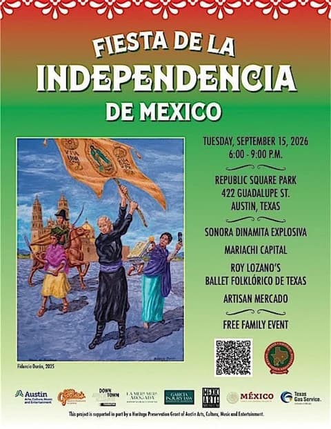 Poster for Fiesta de la Independencia de Mexico 2026 at Republic Square Park in Austin, Texas